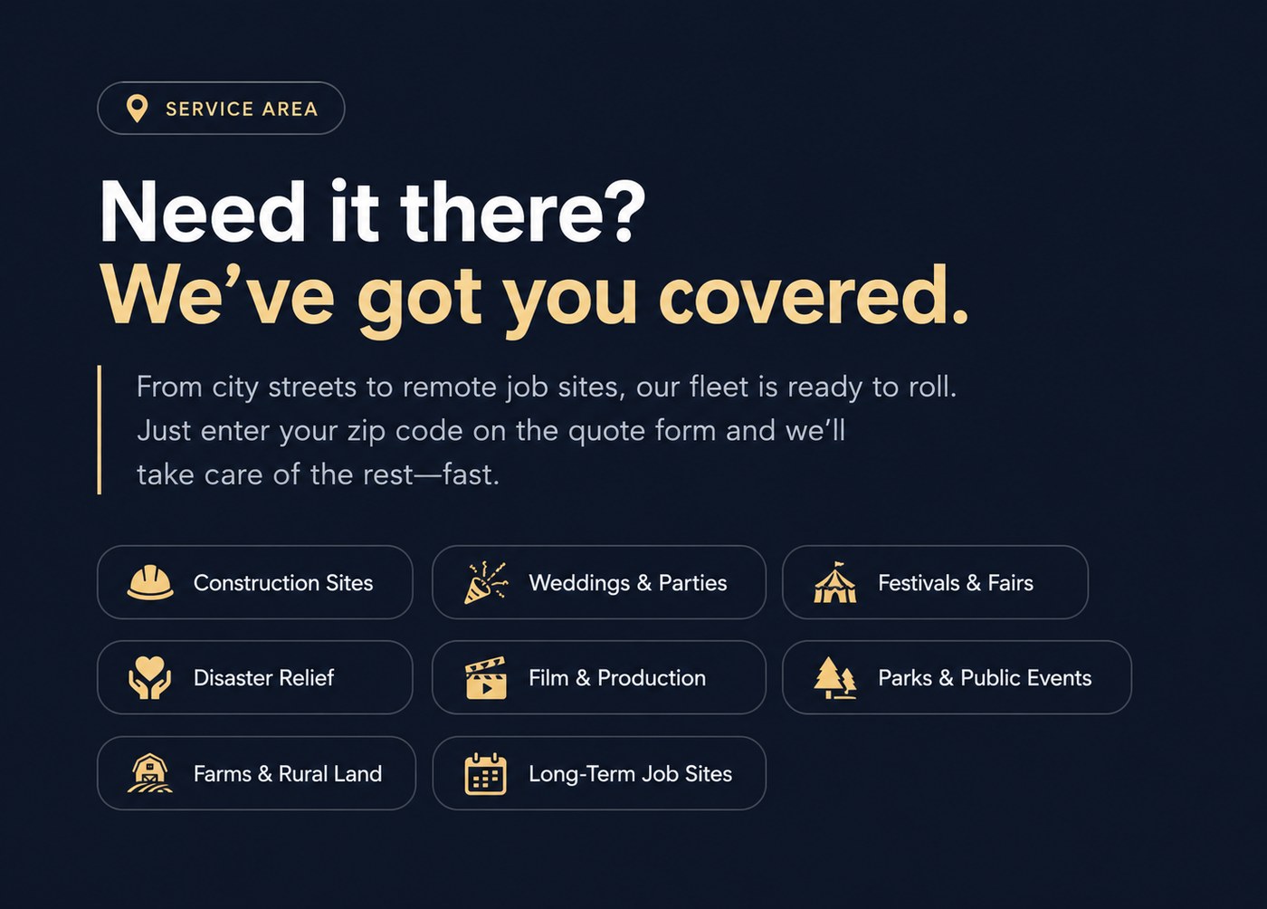 Local Rent Zone service area coverage — construction sites, weddings, festivals, disaster relief, and more