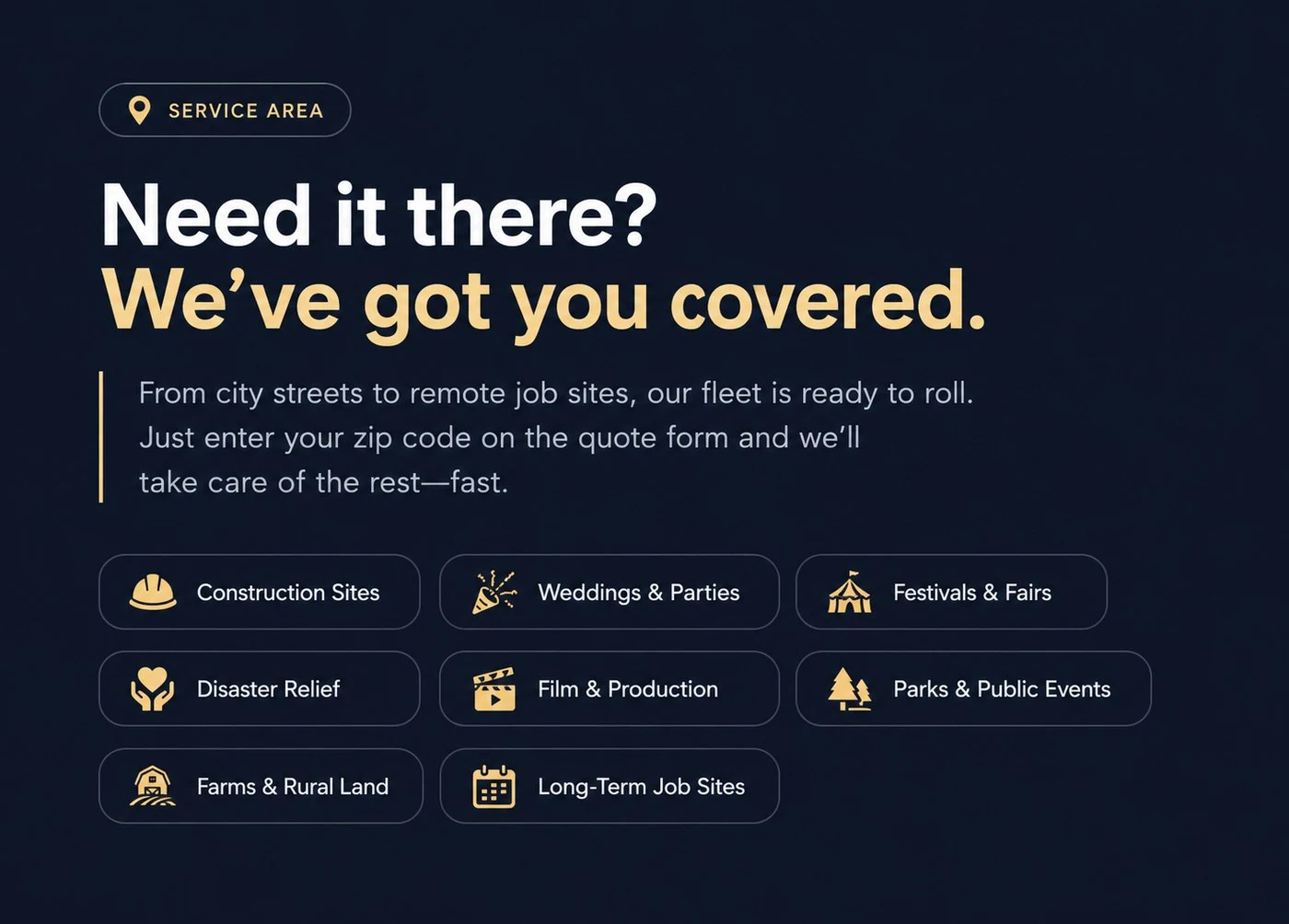 Local Rent Zone service area coverage — construction sites, weddings, festivals, disaster relief, and more